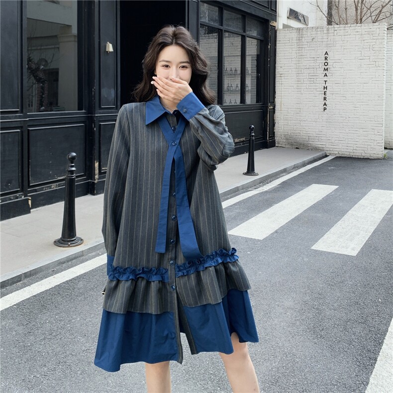 【新款】学院风荷味边宽松撞色连衣裙2C327-6602-P150控228,女装连衣裙,2C327
