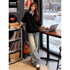 1506-1/WV021/P47春潮牌假两件衬衫领卫衣男女百搭情侣打底上衣图片