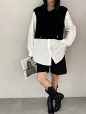 雷洛奇丽—秋装带帽拼接衬衫，女装衬衫，雷洛奇丽