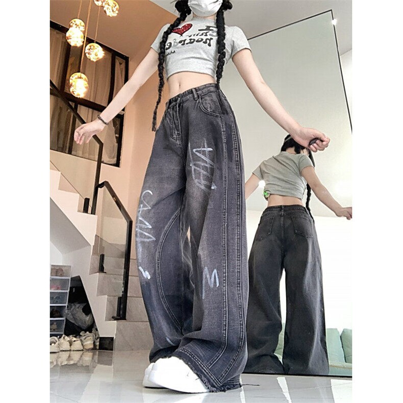 D9029-P58美式高街重工男女涂鸦牛仔裤秋季宽松阔腿裤-网图现货,男装牛仔裤,星座603-2
