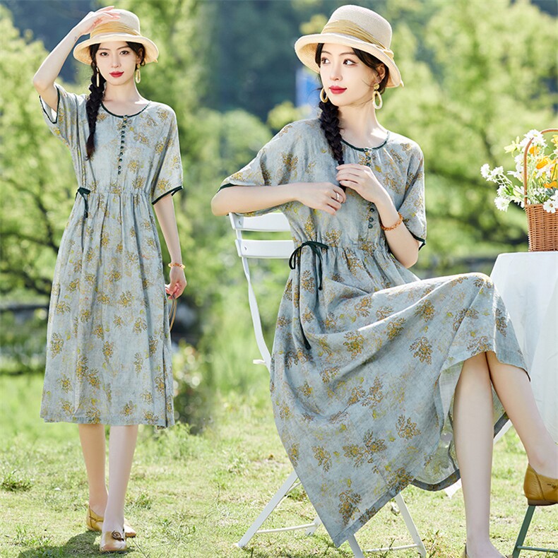 棉麻连衣裙2023夏装新款优雅收腰中长款复古文艺女裙,女装连衣裙,铭街依杨