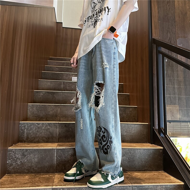 k1080-p55-控78M-5XL现货oversizecleanfit显瘦黄泥牛仔裤破洞,男装牛仔裤,星座116