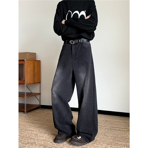 弯刀水洗直筒牛仔裤男微喇叭复古宽松潮流百搭阔腿长裤rk3036-p38图片