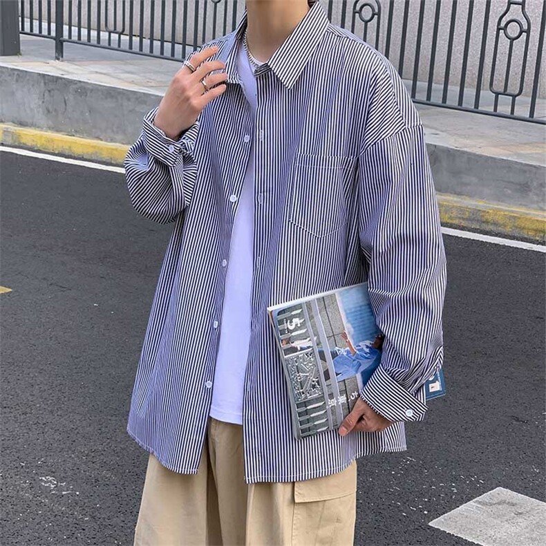 港风秋款男女衬衫竖条纹宽松休闲长袖衬衣加大码S-4XL CT22 P38图片