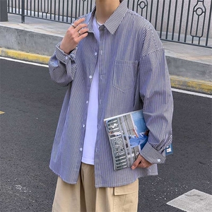 港风秋款男女衬衫竖条纹宽松休闲长袖衬衣加大码S-4XL CT22 P38图片