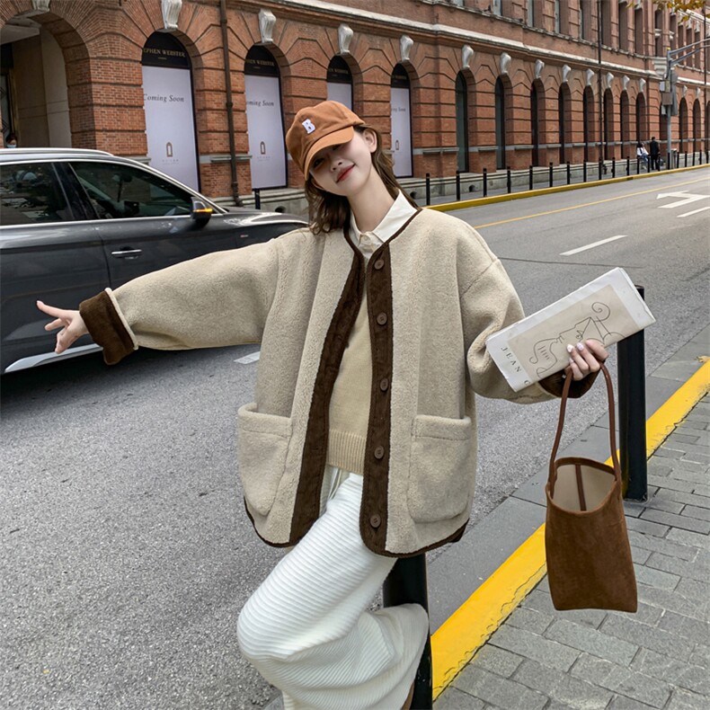 韩系chic咖色短款羊羔毛外套女秋冬超火好看高级小众加绒加厚夹克,女装毛呢外套,2C050