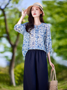 时尚休闲气质衬衫套装女2025夏新款宽松减龄显瘦亚麻阔腿裤两件套图片