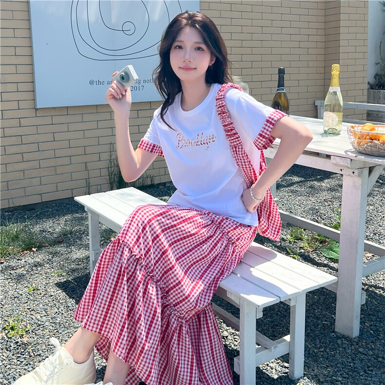 学院风粉色格纹半身裙套装女夏新款小个子甜妹绝美休闲t恤两件套,女装套装/套裙,2C122