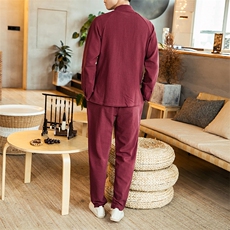 风两件套秋季长袖套装男宽松棉麻古装汉服禅服唐装TZ03/P120，男装休闲套装，钱塘713
