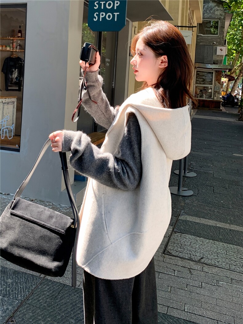 现货主推款双面羊毛呢百搭连帽女马甲毛呢外套,女装毛呢外套,SL