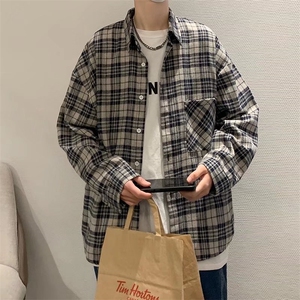 日系复古格子衬衫男港风oversize情侣百搭宽松衬衣外套C6915-p35图片