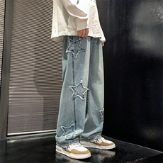 五角星牛仔裤男美式高街潮牌裤子直筒宽松拖地阔腿裤子N8883-P45，男装牛仔裤，星座1008
