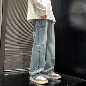 五角星牛仔裤男美式高街潮牌裤子直筒宽松拖地阔腿裤子N8883-P45图片
