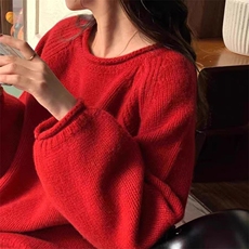 女撞色圆领宽松慵懒针织衫上衣厚毛衣女秋冬，女装针织衫/毛衣，春贝羊绒