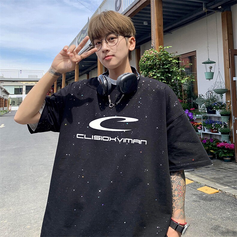 量大优供抖音视频支持得物配合二开美式满天星亮片短袖T恤MTX305,男装T恤,电商A486
