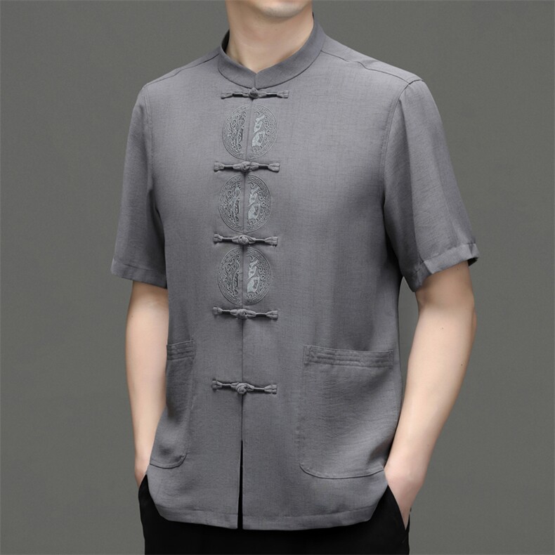 风男装练功服刺绣唐装中老年人爸爸夏季短袖爷爷冰丝太极服男,男装民族服装,电商B212（原钱塘6029）
