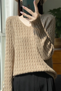 100纯羊毛复古麻花V领针织打底衫女2025新款长袖保暖内搭秋冬毛衣图片