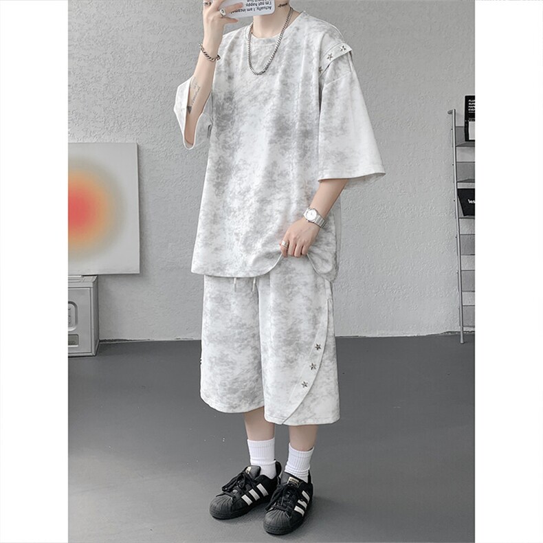 TZ795-特55控98夏季高街痞帅扎染圆领大码短袖套装男六分裤,男装T恤,电商A059