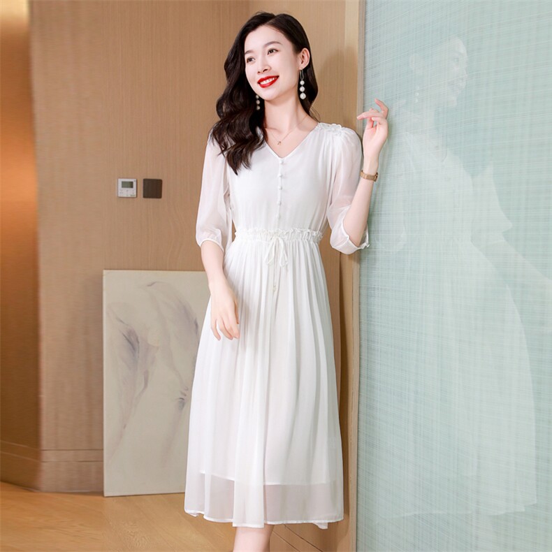 v领纯色桑蚕丝长裙女2025夏装新款抽绳通勤气质款收腰真丝连衣裙，女装连衣裙，阿舍尔精品