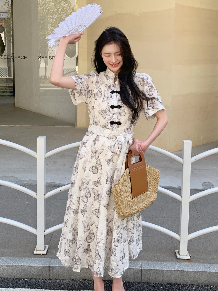 新中式改良旗袍超好看连衣裙女2025夏季新款显瘦时尚盘扣国风长裙,女装连衣裙,含赞