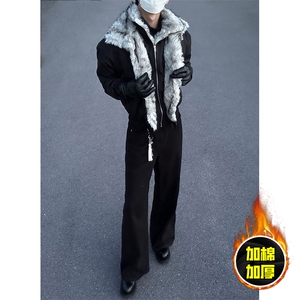 现货高品质美式高街重磅狼王座山雕毛毛领假两件棉衣加厚棉服外套图片
