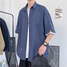 韩版竖条纹bf风宽松休闲半袖夏季短衬衫男衬衣外套男W2991-P28，男装衬衫，星座512-2