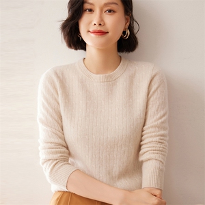 2025秋冬新款女士12针纯色圆领麻花衫图片