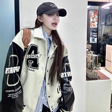 美式复古棒球服外套女春季新款翻领刺绣高街立领夹克宽松潮牌上衣，女装短外套，星座506A