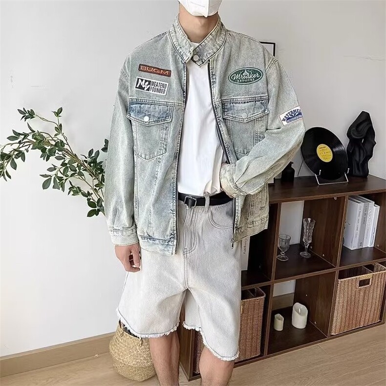 美式复古刺绣牛仔外套女春秋2025新款宽松休闲vintage立领机车服,男装工装外套,星座1210-1