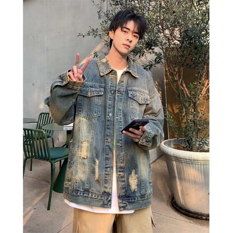 黄泥色破洞牛仔外套男春秋款潮牌痞帅高级感夹克美式复古潮流炸街,男装夹克,星座1013