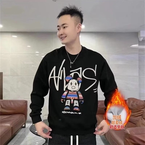 潮牌卫衣男卡通印花套头宽松秋冬新款运动服加绒圆领休闲上衣图片