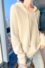 时尚百搭女士羊毛连帽衫羊毛华夫格纯色宽松显瘦毛衣，女装羊毛衫，暮绒羊羊绒