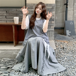 韩版木耳边无袖背心短袖半身裙套装女2025夏季新款减龄显瘦三件套图片