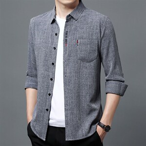 2023秋季新款男装中年男士商务休闲上衣长袖衬衫男薄款翻领衬衣图片