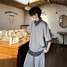 1506/QLD9180/P40BOYUE帛跃假两件拼格子T恤简约男女短袖polo衫，男装T恤，星座1506