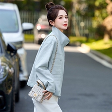 蓝色休闲翻领短款外套女2025春秋新款小个子百搭立领卫衣开衫上衣，女装短外套，木子恋