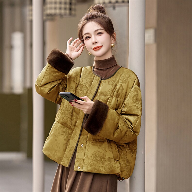 新中式g风提花羽绒服女2025冬季新款时尚拼接白鸭绒短款外套,女装羽绒服,沁沁公主