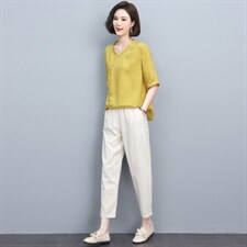 夏季套装棉麻短袖上衣荷叶边领洋气宽松2022年新款中年两件套，女装套装/套裙，涵誉