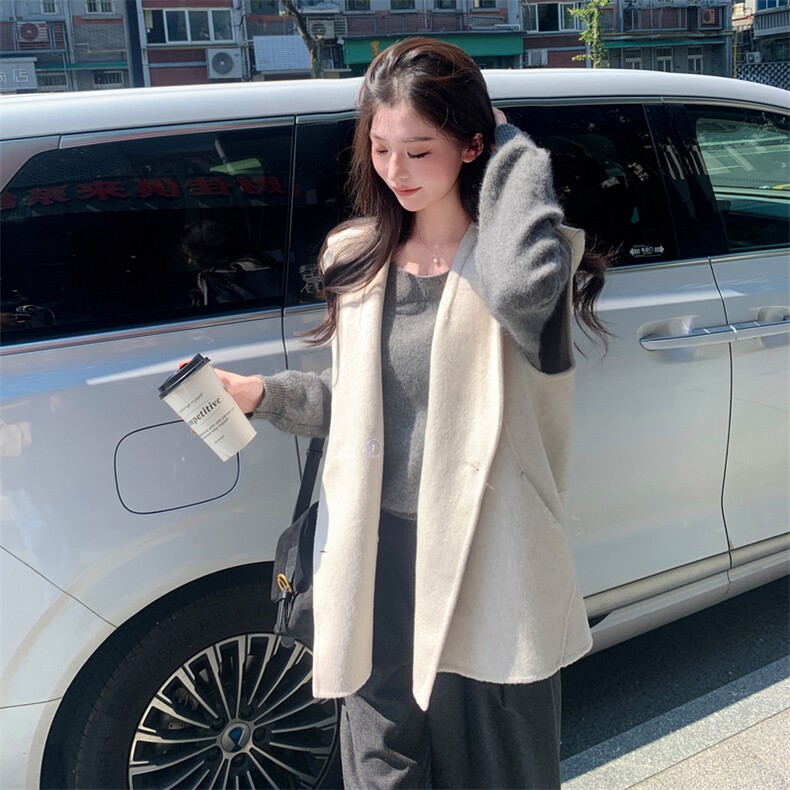 现货主推新款双面羊毛连帽休闲百搭宽松减龄背心马甲,女装毛呢外套,丝露怡语