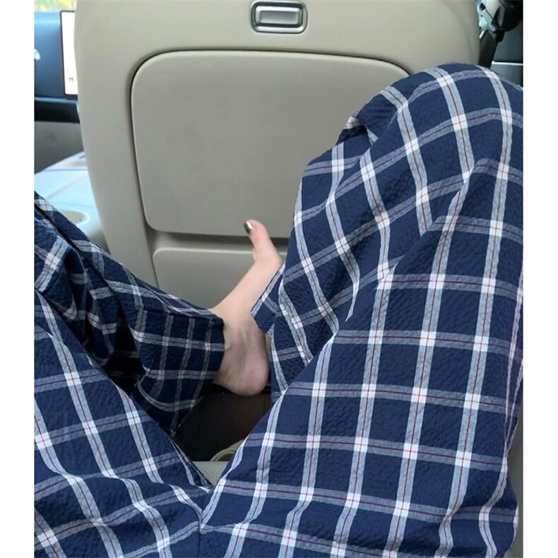 美式高街潮牌男女泡泡格子休闲裤直筒宽松慵懒显瘦阔腿休闲长裤子图片