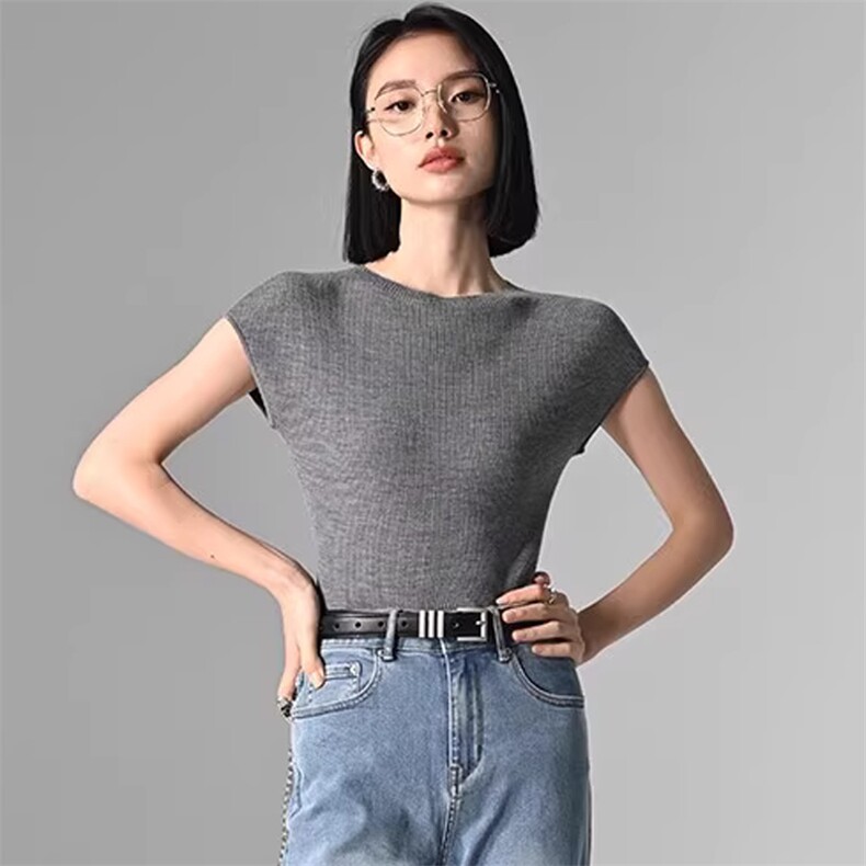 2025年秋季短袖套头圆领时尚气质简约百搭羊毛针织衫,女装羊毛衫,挚尚羊绒