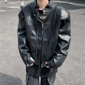 立领高级感机车皮衣男春秋短款垫肩夹克宽松飞行外套潮牌Y158/P85图片