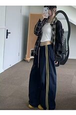 藏青色条纹爵士舞阔腿裤女夏季美式复古杠条速干束脚休闲拖地长裤，男装休闲裤，星座218-1（原230）