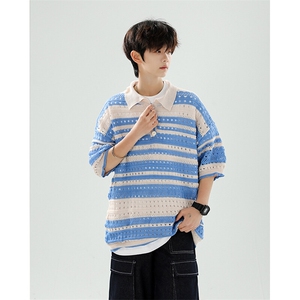 8XL-M 特大码美式复古条纹撞色针织POLO衫翻领休闲短袖TDX311P35图片