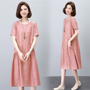 妈妈短袖连衣裙2025夏季宽松显瘦文艺中年女中长裙纯色休闲A字裙图片