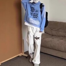 白色刺绣植绒美式春秋牛仔裤男痞帅高级感宽松痞帅炸街直筒裤，男装牛仔裤，星座506A