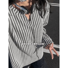 美式高街千鸟格子长袖T恤男女亨利V领英伦雅痞休闲宽松长袖打底衫，男装T恤，电商A443