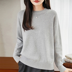 重磅加厚100纯棉针织衫女法式圆领毛衣2025新款宽松保暖打底上衣，女装针织衫/毛衣，彩羽羊绒