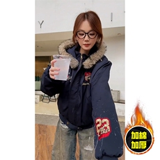 现货高品质美式高街重磅刺绣座山雕大毛毛领棉衣男女加厚棉服外套，男装棉衣，电商A486-1