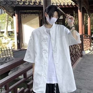 新中式男装风衬衫男短袖浮雕白色衬衣改良中山装外套 CW1282图片